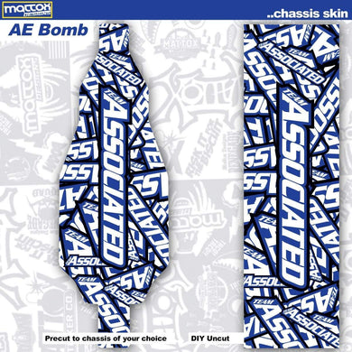 Custom RC car chassis skin.  AE logo bomb in blue and white  for rc cars. Stickers Make you faster.